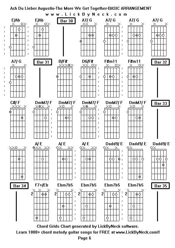 Chord Grids Chart of chord melody fingerstyle guitar song-Ach Du Lieber Augustin-The More We Get Together-BASIC ARRANGEMENT,generated by LickByNeck software.